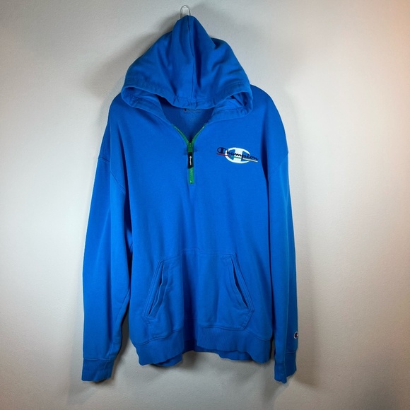 Champion Men's Quarter Zip Hoodie Sweatshirt Blue Pockets Embroidered Logo Large - Picture 1 of 14